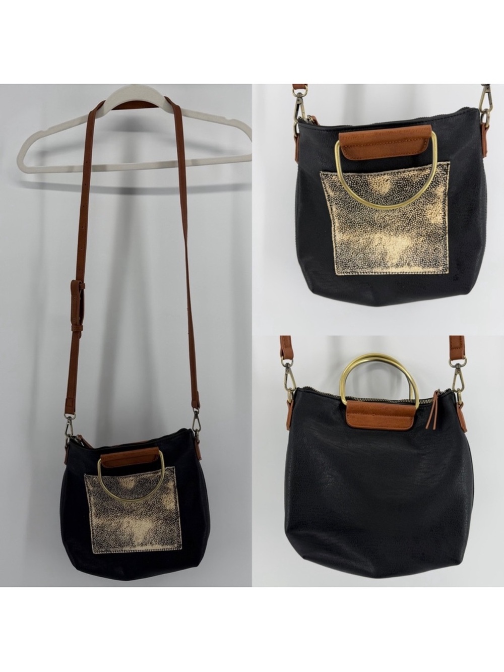 Altar'd State Black Vegan Leather Calf Hair Convertible Crossbody/Clutch Purse